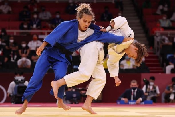 Hungary's Reka Pupp competes with Italy's Odette Giuffrida during their judo women's -52kg bronze medal A bout during the Tokyo 2020 Olympic Games at...