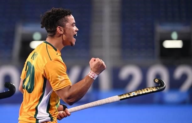 South Africa's Tevin Michael Kok celebrates after scoring against Netherlands during their men's pool B match of the Tokyo 2020 Olympic Games field...