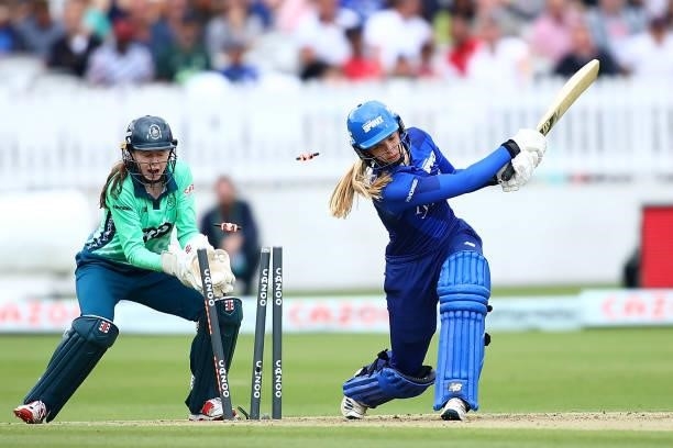 Freya Davies of London Spirit is bowled by Tash Farrant of Oval Invincibles during the Hundred match between London Spirit Women and Oval Invincibles...