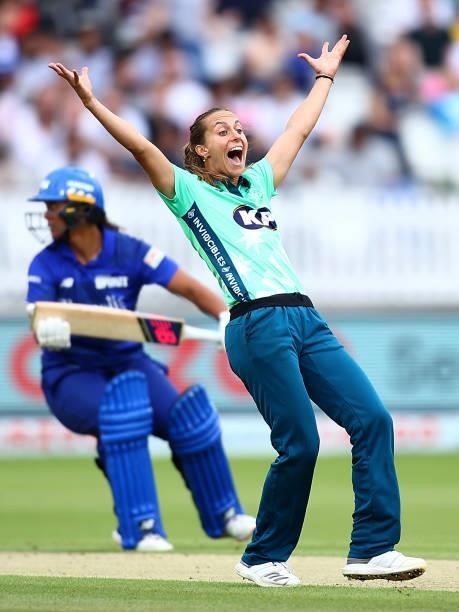 Tash Farrant of the Oval Invincibles appeals during the Hundred match between London Spirit Women and Oval Invincibles Women at Lord's Cricket Ground...