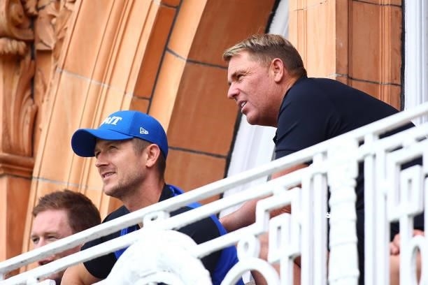 London Spirit men's head coach Shane Warne looks on during the Hundred match between London Spirit Women and Oval Invincibles Women at Lord's Cricket...