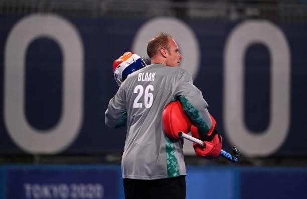 Netherlands' goalkeeper Pirmin Blaak is seen during the men's pool B match of the Tokyo 2020 Olympic Games field hockey competition against South...