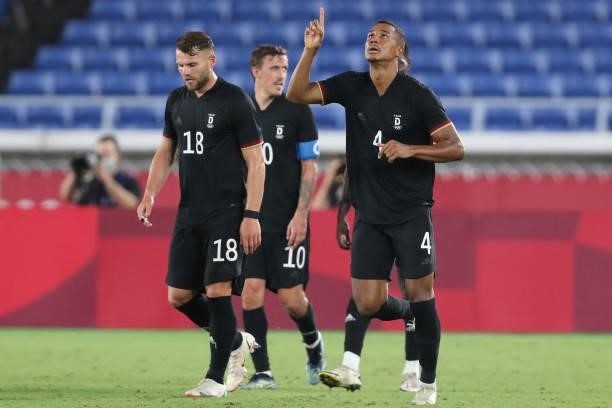 Germany's defender Felix Uduokhai celebrates after scoring the third goal during the Tokyo 2020 Olympic Games men's group D first round football...