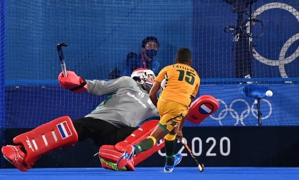 South Africa's Abdud Dayaan Cassiem misses a goal opportunity during the men's pool B match of the Tokyo 2020 Olympic Games field hockey competition...