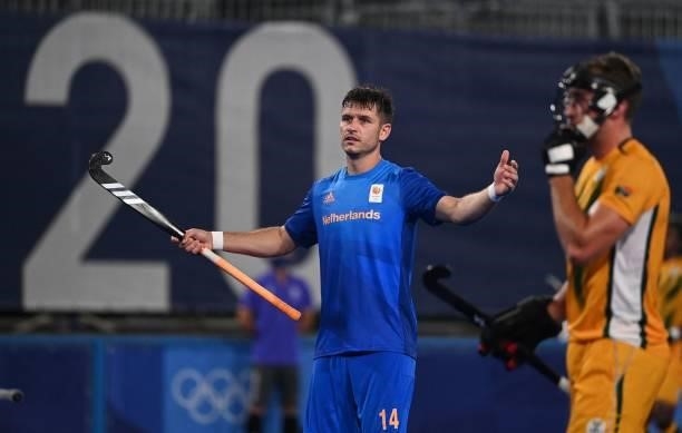 Netherlands' Robbert Kemperman reacts during the men's pool B match of the Tokyo 2020 Olympic Games field hockey competition against South Africa, at...