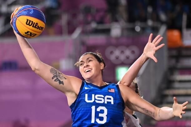 S Stefanie Dolson passes the ball during the women's first round 3x3 basketball match between Russia and US at the Aomi Urban Sports Park in Tokyo,...