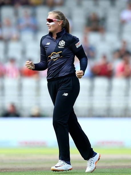 Sophie Ecclestone of the Manchester Orginals celebrates after taking the wicket of Erin Burns of Birmingham Phoenix during The Hundred match between...