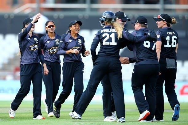 Lizelle Lee of Manchester Originals celebrates with team mates after catching Shafali Verma of Birmingham Phoenix during The Hundred match between...