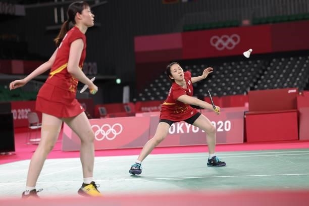 Mayu Matsumoto and Wakana Nagahara of Team Japan compete against Rachel Honderich and Kristen Tsai of Team Canada during a Women's Doubles Group B...