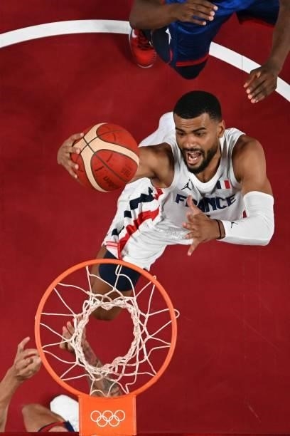 France's Timothe Luwawu Kongbo goes for the basket during the men's preliminary round group A basketball match between France and USA during the...