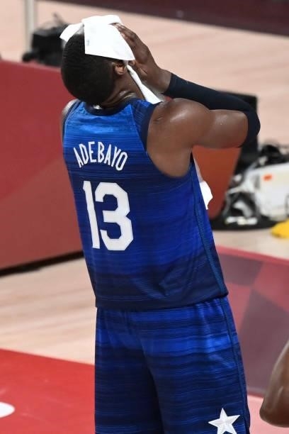 S Edrice Femi Adebayo reacts during the men's preliminary round group A basketball match between France and USA during the Tokyo 2020 Olympic Games...