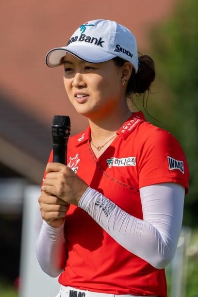 Minjee Lee of Australia gives a speech after winning the tournament during day four of the The Amundi Evian Championship at Evian Resort Golf Club on...