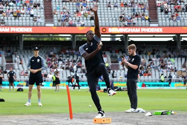 Carlos Brathwaite of the Manchester Originals warms up ahead of The Hundred match between Manchester Originals Men and Birmingham Phoenix Men at...