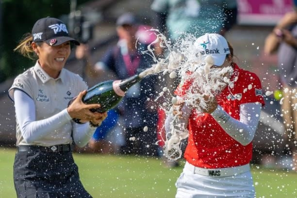 Minjee Lee of Australia celebrates winning the tournament during day four of the The Amundi Evian Championship at Evian Resort Golf Club on July 25,...