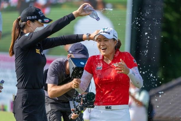 Minjee Lee of Australia celebrates winning the tournament during day four of the The Amundi Evian Championship at Evian Resort Golf Club on July 25,...