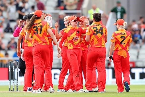Birmingham Phoenix team celebrate victory during The Hundred match between Manchester Originals Women and Birmingham Phoenix Women at Emirates Old...