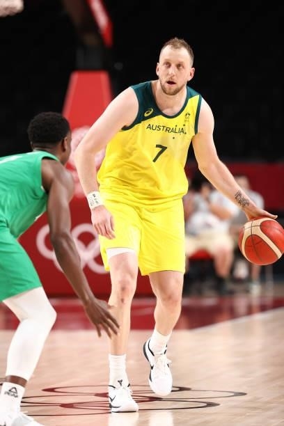 Joe Ingles of the Australia Men's National Team dribbles the ball against the Nigeria Men's National Team during the 2020 Tokyo Olympics on July 25,...