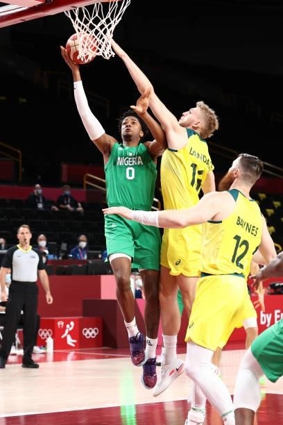 Okpala of the Nigeria Men's National Team drives to the basket against the Australia Men's National Team during the 2020 Tokyo Olympics on July 25,...