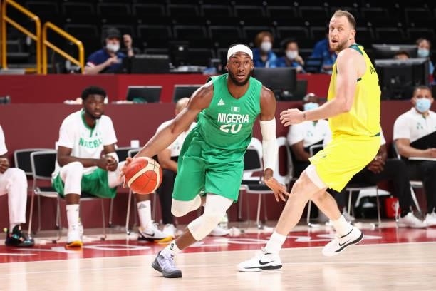 Josh Okogie of the Nigeria Men's National Team dribbles the ball against the Australia Men's National Team during the 2020 Tokyo Olympics on July 25,...