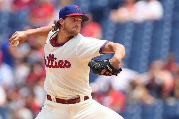 Aaron Nola of the Philadelphia Phillies delivers a pitch against the Atlanta Braves during the first inning of a game at Citizens Bank Park on July...
