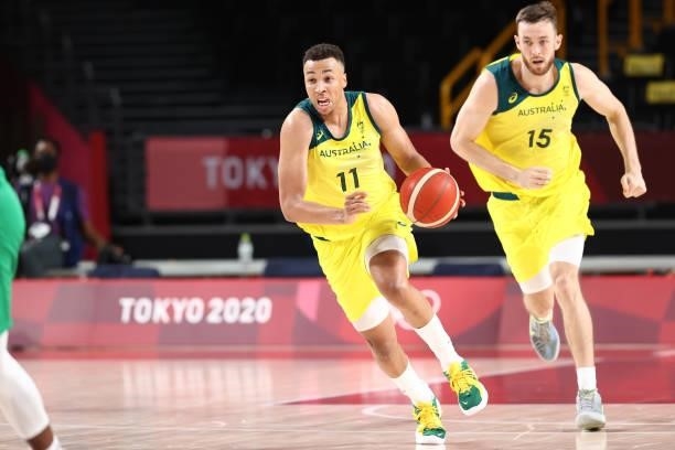 Dante Exum of the Australia Men's National Team dribbles the ball against the Nigeria Men's National Team during the 2020 Tokyo Olympics on July 25,...