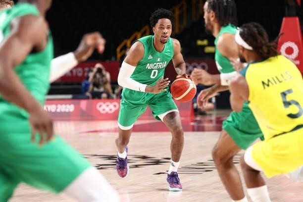Okpala of the Nigeria Men's National Team dribbles the ball against the Australia Men's National Team during the 2020 Tokyo Olympics on July 25, 2021...