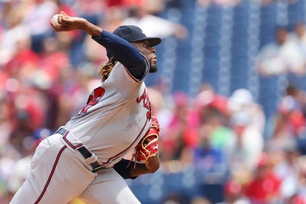 Touki Toussaint of the Atlanta Braves delivers a pitch against the Philadelphia Phillies during the first inning of a game at Citizens Bank Park on...