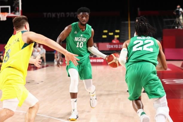 Chimezie Metu of the Nigeria Men's National Team passes the ball against the Australia Men's National Team during the 2020 Tokyo Olympics on July 25,...