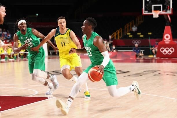 Miye Oni of the Nigeria Men's National Team dribbles the ball against the Australia Men's National Team during the 2020 Tokyo Olympics on July 25,...