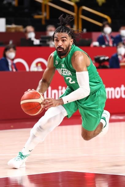 Gabe Vincent of the Nigeria Men's National Team dribbles the ball against the Australia Men's National Team during the 2020 Tokyo Olympics on July...