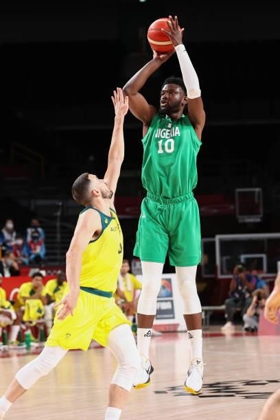 Chimezie Metu of the Nigeria Men's National Team shoots a three point basket against the Australia Men's National Team during the 2020 Tokyo Olympics...