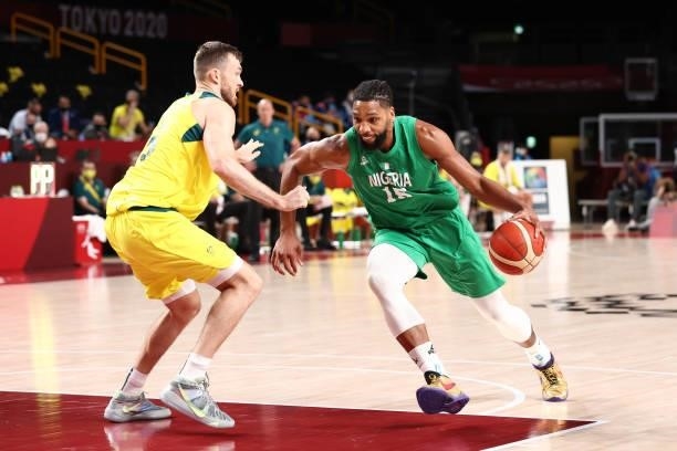 Jahlil Okafor of the Nigeria Men's National Team drives to the basket against the Australia Men's National Team during the 2020 Tokyo Olympics on...