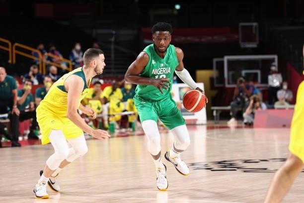 Chimezie Metu of the Nigeria Men's National Team dribbles the ball against the Australia Men's National Team during the 2020 Tokyo Olympics on July...