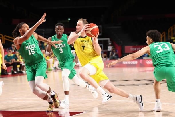 Joe Ingles of the Australia Men's National Team drives to the basket against the Nigeria Men's National Team during the 2020 Tokyo Olympics on July...