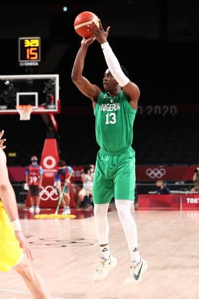 Miye Oni of the Nigeria Men's National Team shoots a three point basket against the Australia Men's National Team during the 2020 Tokyo Olympics on...