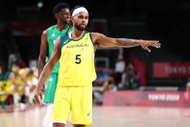Patty Mills of the Australia Men's National Team looks on during the 2020 Tokyo Olympics on July 25, 2021 at Saitama Super Arena in Tokyo, Japan....