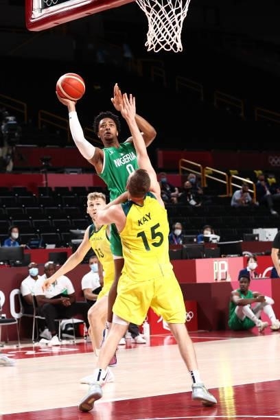 Okpala of the Nigeria Men's National Team drives to the basket against the Australia Men's National Team during the 2020 Tokyo Olympics on July 25,...