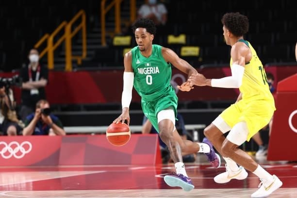 Okpala of the Nigeria Men's National Team dribbles the ball against the Australia Men's National Team during the 2020 Tokyo Olympics on July 25, 2021...
