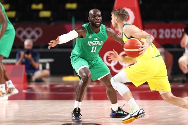 Obi Emegano of the Nigeria Men's National Team passes the ball against the Australia Men's National Team during the 2020 Tokyo Olympics on July 25,...