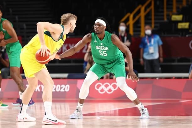 Precious Achiuwa of the Nigeria Men's National Team plays defense on Jock Landale of the Australia Men's National Team during the 2020 Tokyo Olympics...
