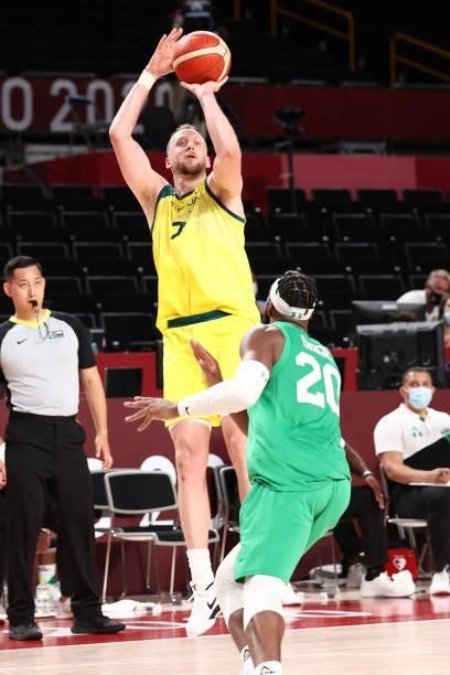 Joe Ingles of the Australia Men's National Team shoots a three point basket against the Nigeria Men's National Team during the 2020 Tokyo Olympics on...