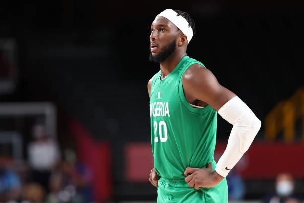 Josh Okogie of the Nigeria Men's National Team looks on during the 2020 Tokyo Olympics on July 25, 2021 at Saitama Super Arena in Tokyo, Japan. NOTE...