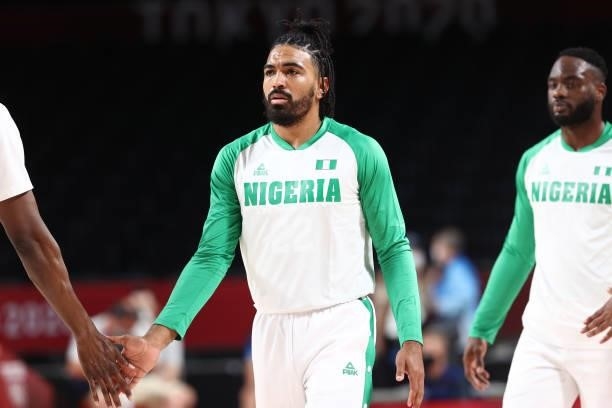 Gabe Vincent of the Nigeria Men's National Team looks on before the game against the Australia Men's National Team during the 2020 Tokyo Olympics on...