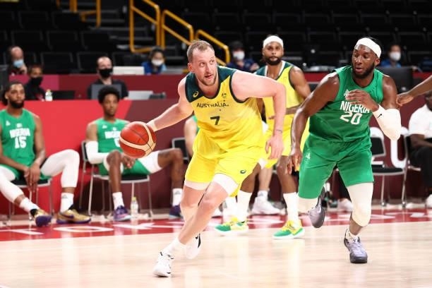Joe Ingles of the Australia Men's National Team drives to the basket against the Nigeria Men's National Team during the 2020 Tokyo Olympics on July...