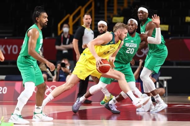 Jock Landale of the Australia Men's National Team drives to the basket against the Nigeria Men's National Team during the 2020 Tokyo Olympics on July...