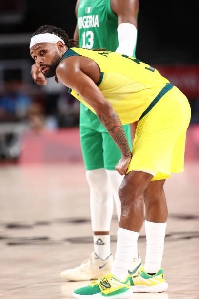 Patty Mills of the Australia Men's National Team dribbles the ball against the Nigeria Men's National Team during the 2020 Tokyo Olympics on July 25,...