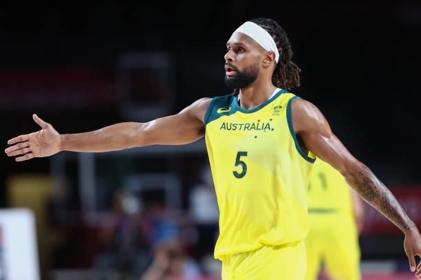 Patty Mills of the Australia Men's National Team looks on against the Nigeria Men's National Team during the 2020 Tokyo Olympics on July 25, 2021 at...