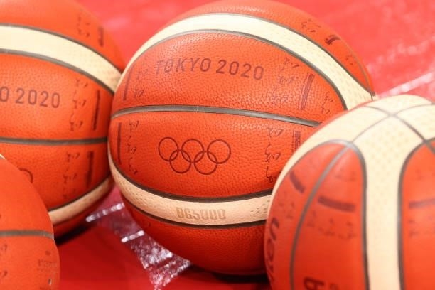 General view of the balls used during the 2020 Tokyo Olympics on July 25, 2021 at Saitama Super Arena in Tokyo, Japan. NOTE TO USER: User expressly...