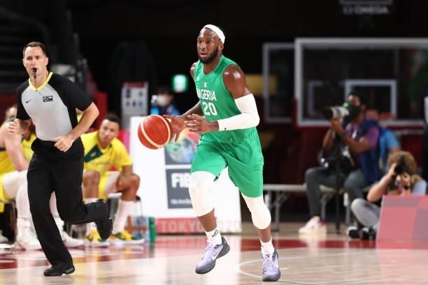 Josh Okogie of the Nigeria Men's National Team dribbles the ball against the Australia Men's National Team during the 2020 Tokyo Olympics on July 25,...