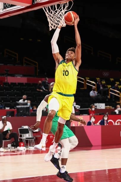 Matisse Thybulle of the Australia Men's National Team dunks the ball against the Nigeria Men's National Team during the 2020 Tokyo Olympics on July...